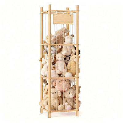 Organisateur de jouets en peluche pour enfants avec rangement pour animaux en peluche, porte-peluche en bois massif à 3 niveaux de H 53,15 po, sans BPA et colle zéro, certifié PCC et CTI, solution d'angle pour salle de jeux et chambre de bébé