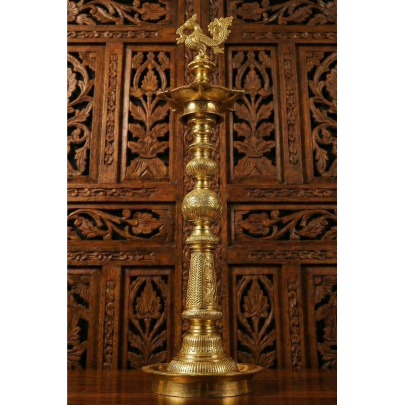 Handmade 42-Inch Superfine Engraved Annam Peacock Lamp – Large South Indian Brass Diya with Multitier Wick Display for Temple, Festive, or Statement Décor
