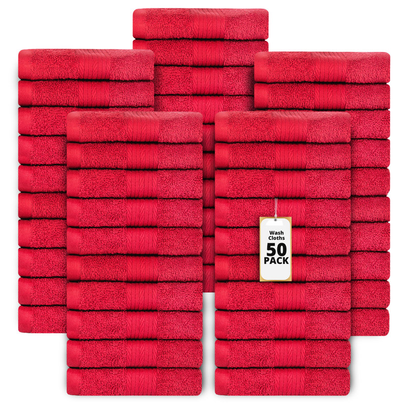 Lingettes 100% coton 600 g / m² 12 x 12 pouces, absorbant doux et à séchage rapide, Rouge, Ensemble de serviettes 50 pièces