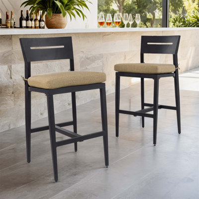 Tabourets de bar d'extérieur modernes de 2 pièces, chaise de bar de patio en aluminium avec dossier ergonomique, pieds fuselés, repose-pieds, coussin Sunbrella, résistant aux intempéries pour le jardin, la piscine et l'îlot de cuisine