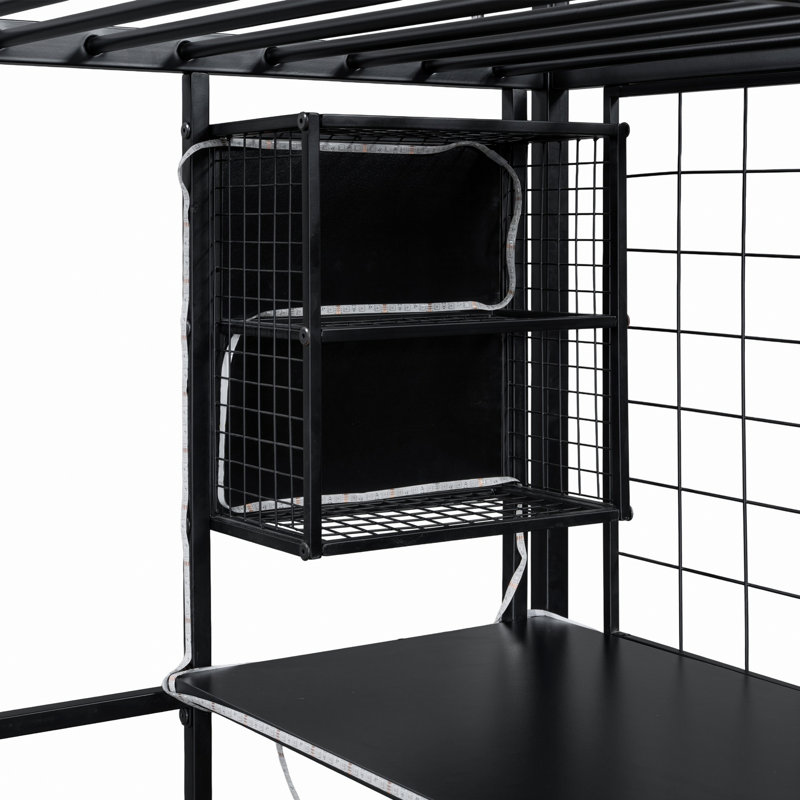 Lit mezzanine en métal avec garde-robe, escalier de rangement et DEL, Double, Noir