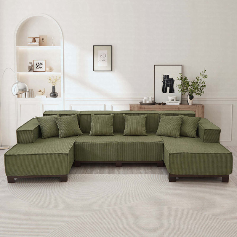 130" U-Shaped Sectional Sofa With RGB LED Lighting, Includes 6 Decorative Pillows, Green