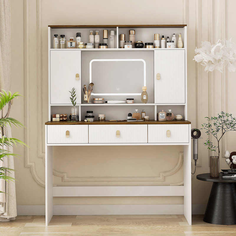 Coiffeuse Farmhouse avec miroir lumineux et tiroir de maquillage