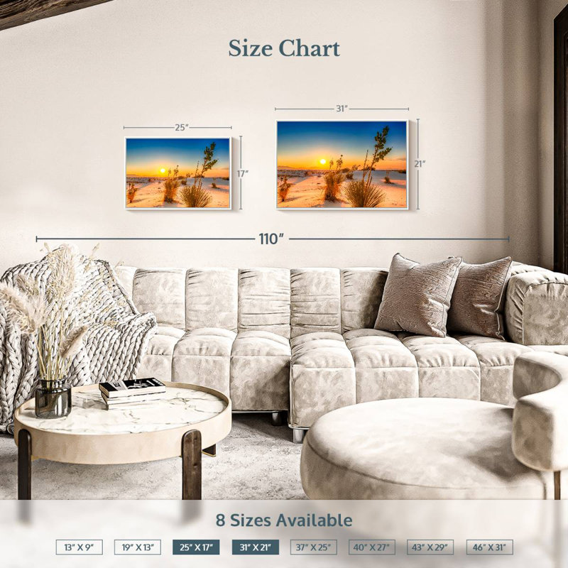 Coucher de soleil White Sands, Cadre flottant blanc, 25 po x 17 po