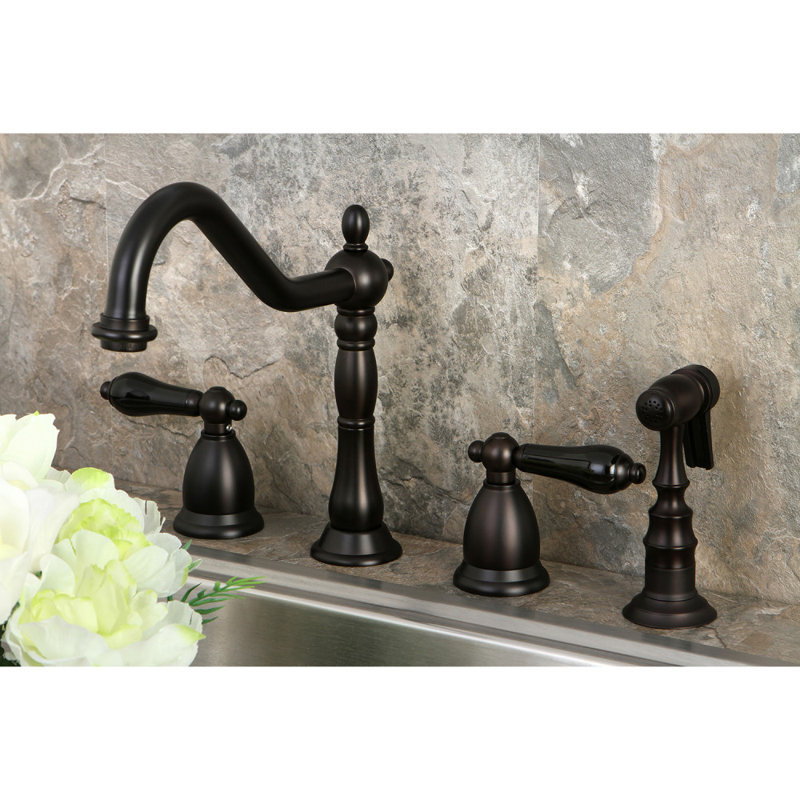 Kingston Brass Duchess Double-Handle 4-Hole Widespread Kitchen Faucet with Brass Sprayer, Oil Rubbed Bronze