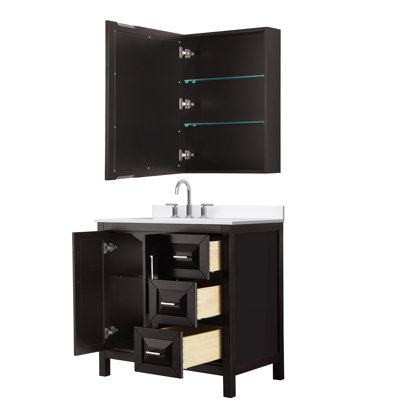 Meuble-lavabo simple 36 po Daria en espresso foncé, comptoir en marbre de culture blanc, lavabo carré encastré (3 trous), garniture en chrome poli, armoire à pharmacie