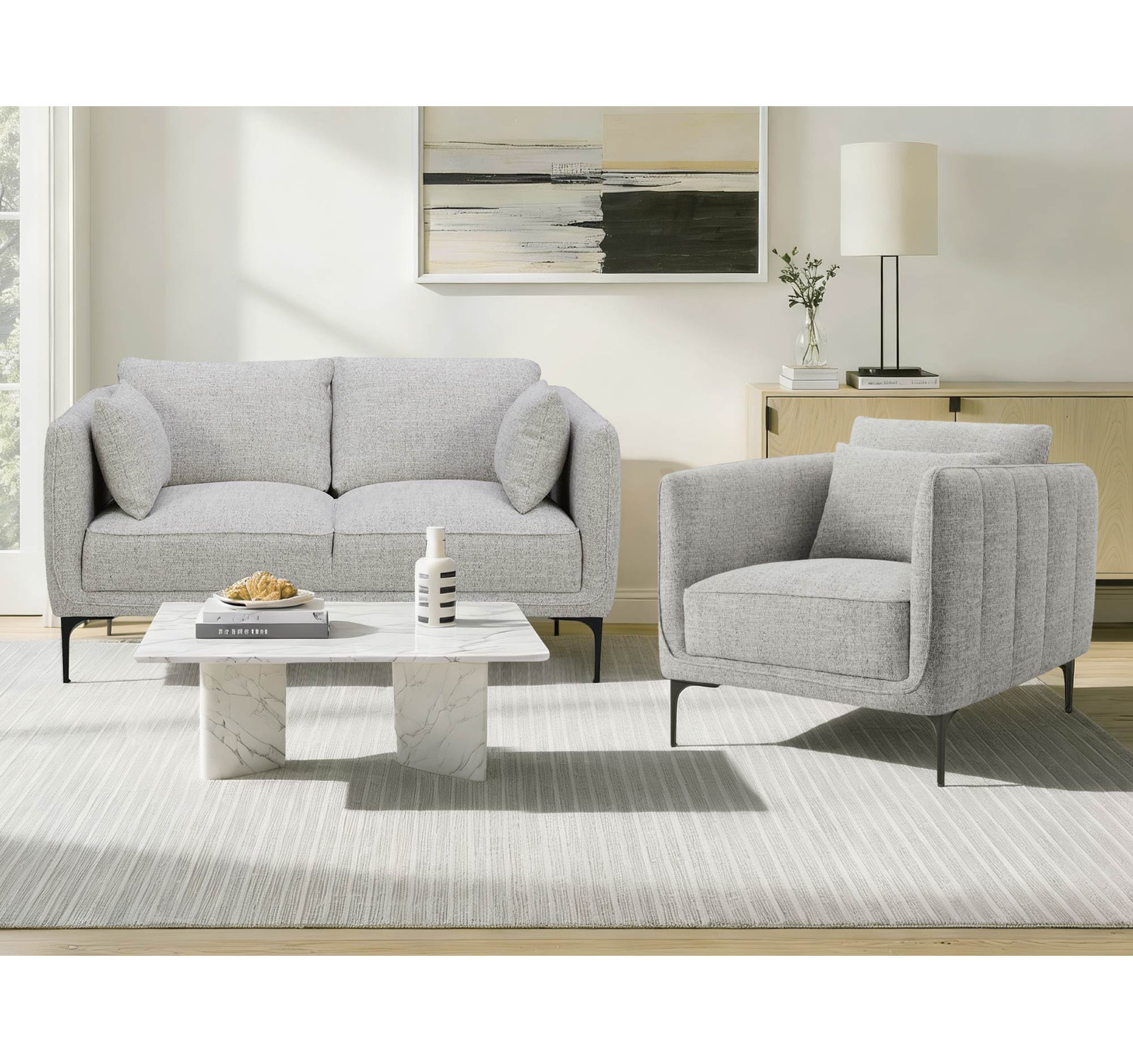 Rae 2-Piece Linen Living Room Set, Gray Heathered Polyester
