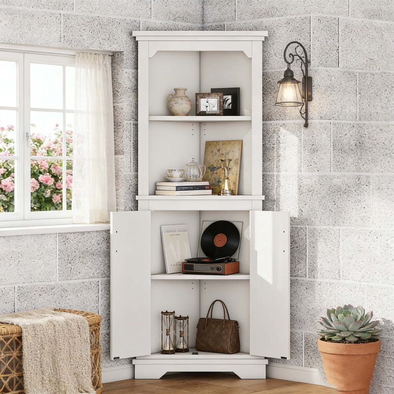 Tall White Corner Cabinet With Doors & Open Shelves, Freestanding Corner Storage Organizer For Living Room, Bathroom, Dining Room, Kitchen