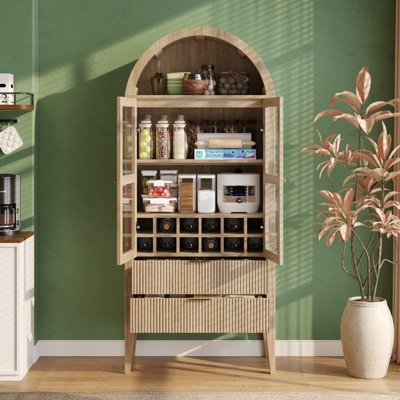 71" Tall Fluted Arched Cabinet, 5-tier Kitchen Pantry With Shelves & Wine Racks & 2 Drawers,arch Kitchen Cupboard, Pantry Cabinet For Dining Room, Living Room