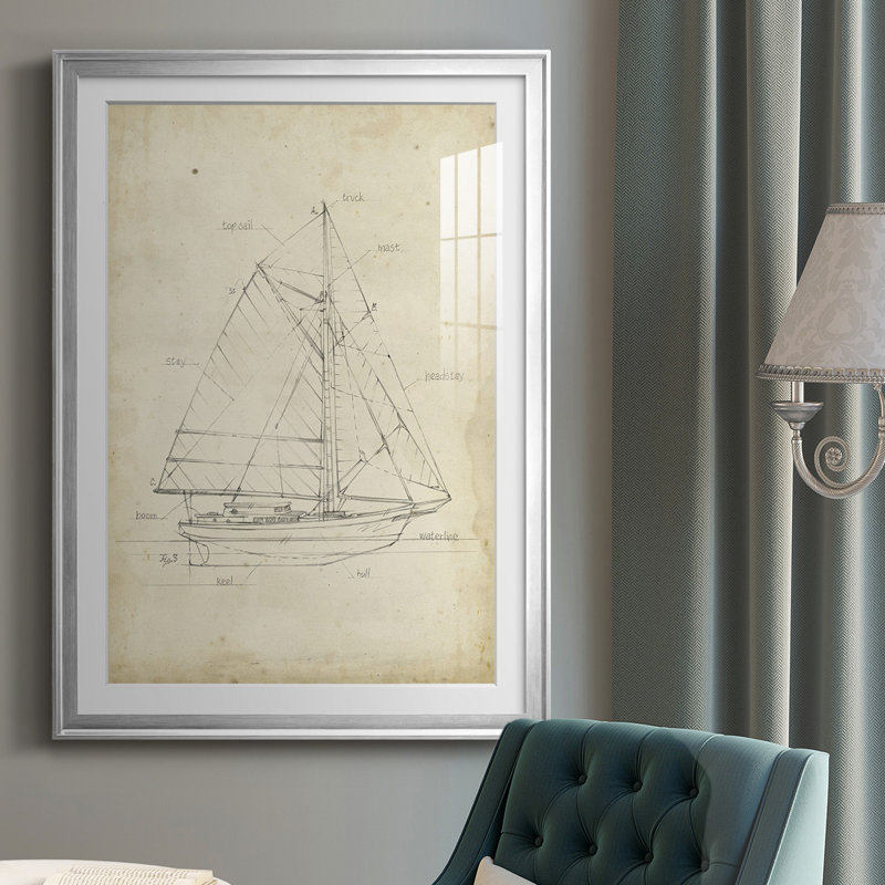 Voilier, plan III encadré sur papier, H 24,5 po x l 18,5 po x P 1 po, Encadrement argenté