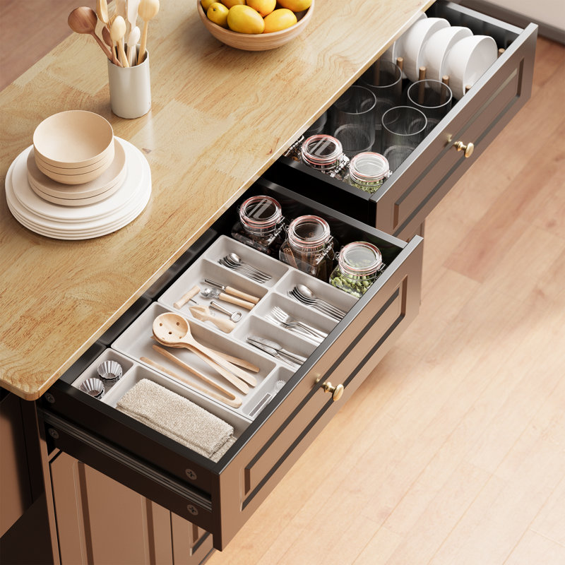 Solid Wood Kitchen Island Cart with Drop Leaf, 2 Drawers, 2 Storage Cabinets, Locking Wheels, Spice Rack & Towel Rack, Black