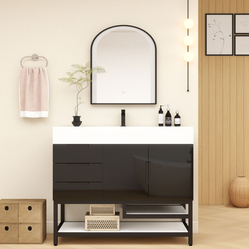 Finition du meuble-lavabo sur pied simple 42 po Jessica / Base: Chêne teck, Noir brillant