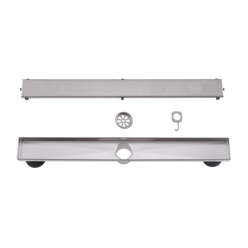 Modern Rectangular Shower Drain With 2 In 1 Tile Insert And Flat Cover Suitable For Bahtroom, Brushed Nickel, 27.56"