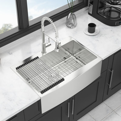 33 Inch Drop In Apron Front Sink, 16 Gauge 304 Stainless Steel, X - Shaped Water Guide For Smooth Drainage Function, R10 Rounded Corner Increased Work Capacity, Condensation Coating, 3Mm Pad, Comes