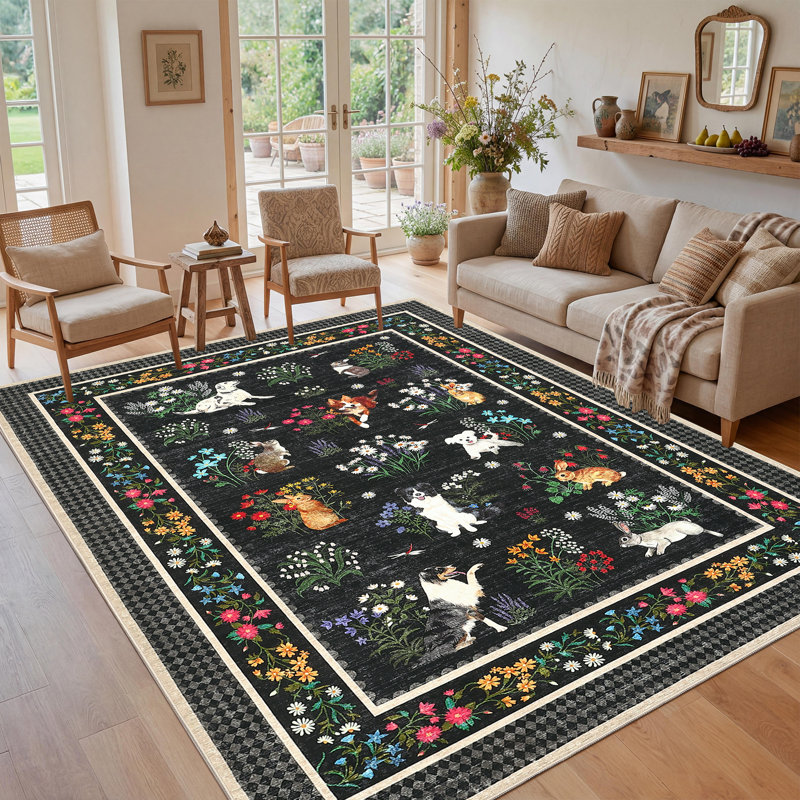Tapis lavable à la machine Cute, Noir, Rectangle 9 pi x 12 pi