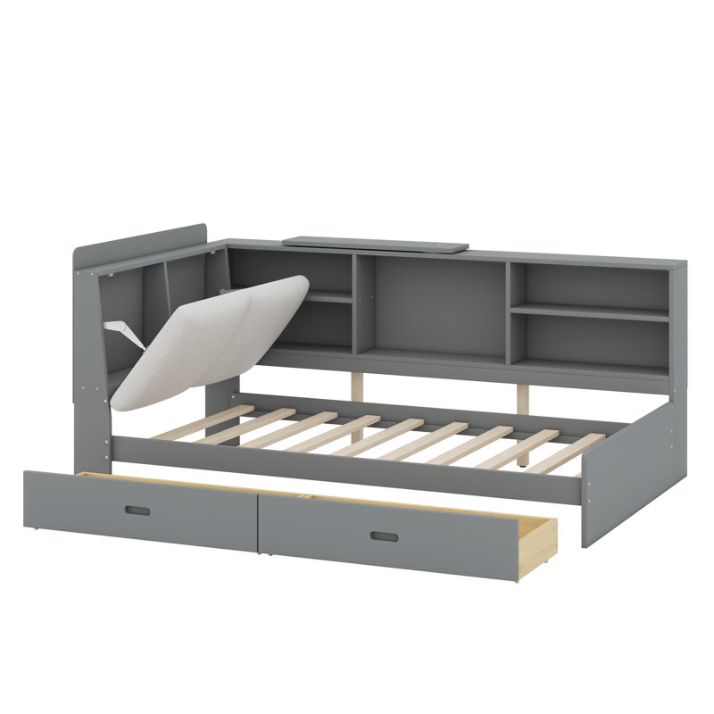 Lit plateforme avec tête de lit avec rangement, tablettes et 2 tiroirs, Gris