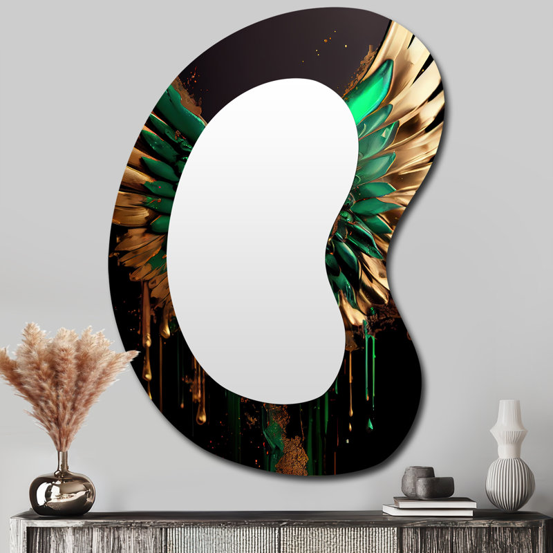 Ettari vert et or Angel Wings I - miroir mural décoratif de forme unique Wings Angel, grand miroir de forme libre doré, impression d'art en métal