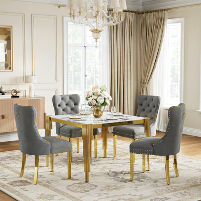 Dining Table Set For 4, 37" Tempered Glass Dining Table, Tubular Stainless Steel Legs, 4 Velvet Upholstered Dining Chairs With Nailhead Trim