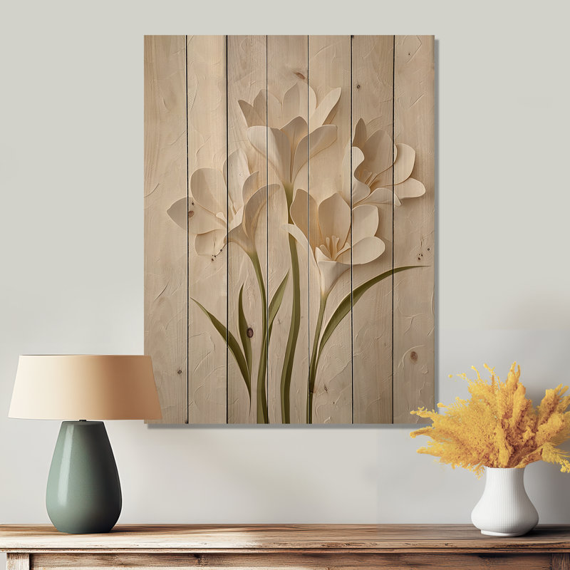 «Calm Freesia Minimal Bloom I», impression de bois d'iris blanc sur bois de pin naturel, H 20 po x l 10 po x P 0,78 po