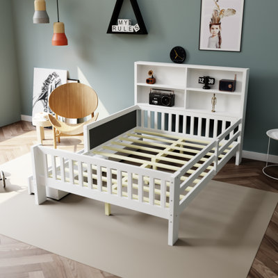 White Wood Full Platform Bed With Chalkboard And Drawers