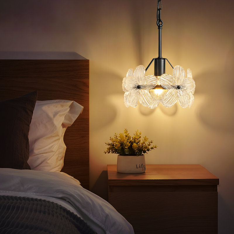 1 - Light Dimmable Single Pendant With 5 Glass Petal Shade, Matte Black