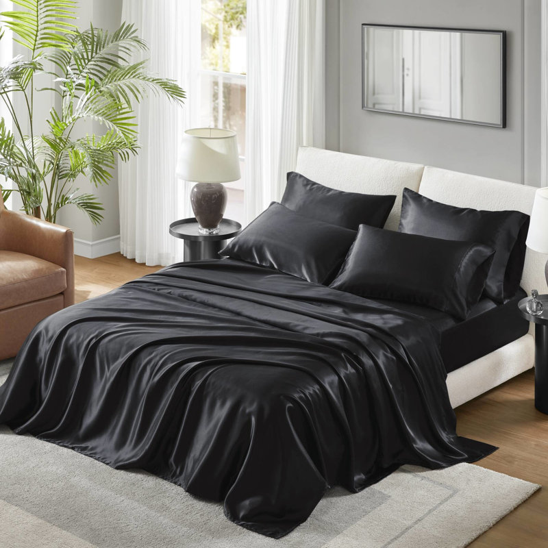 Drap de luxe divisé 7 pièces en satin 100% satin noir, texture douce et lisse, 1 plat, 2 ajustés, 4 taies d'oreiller froissées, doux,