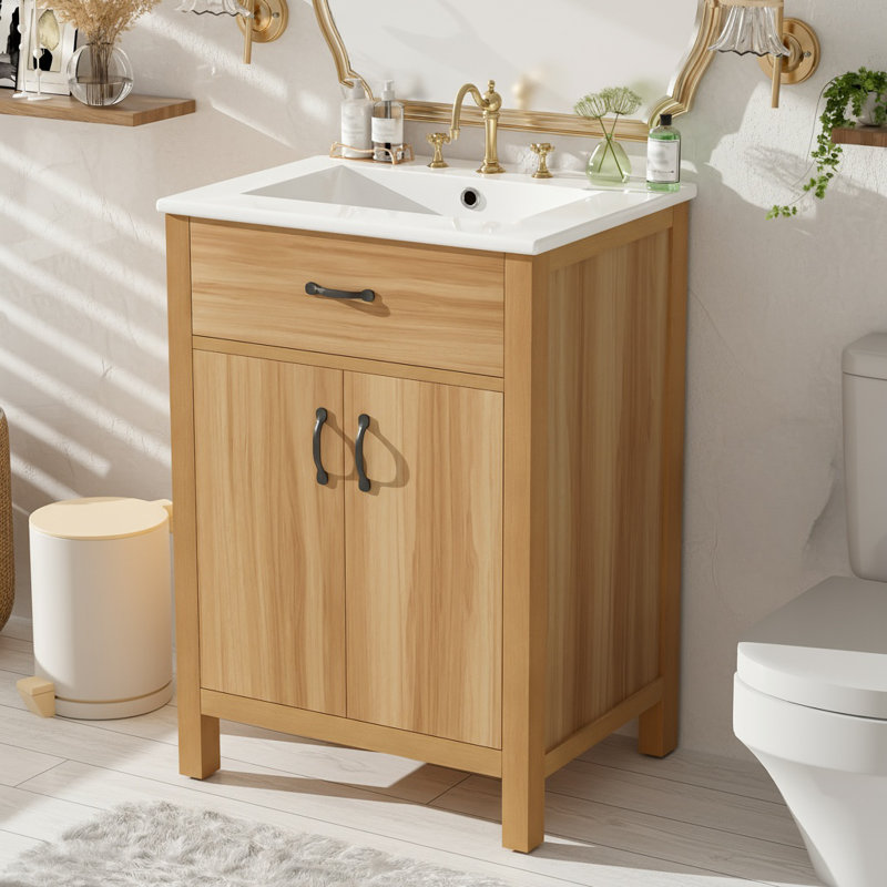24" Bathroom Vanity With Solid Wood Frame, Flip Drawer, 2 Soft-close Doors With Door Storage, Adjustable Shelf, And Modern Sink Cabinet