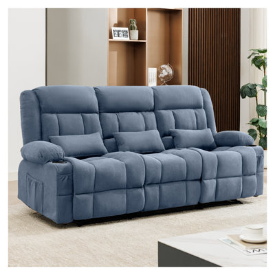 84" Manual Reclining Sofa, 3-Seat Couch with Cup Holders and Side Pockets, Blue Fabric Living Room Furniture