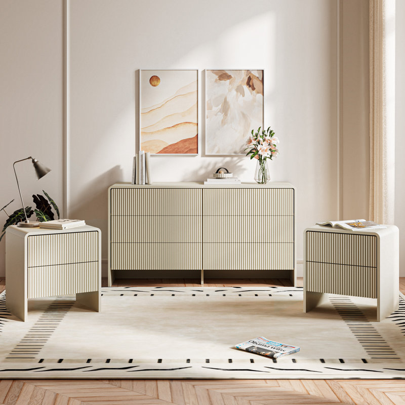 Ensemble de chambre à coucher 3 pièces, commode 6 tiroirs et ensemble de table de chevet 2 pièces, Beige