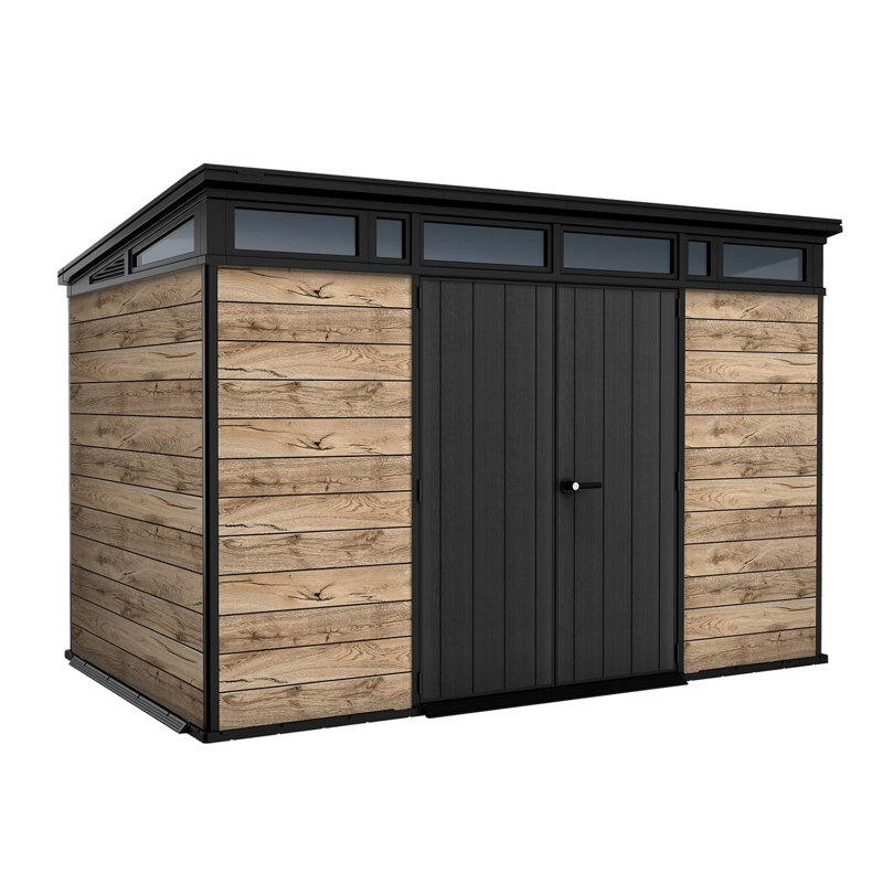 Keter Signature Collection 11x7 ft. Durable Resin Outdoor Storage Shed With Floor and Double Doors for Garden Patio Furniture and Tools, Pine