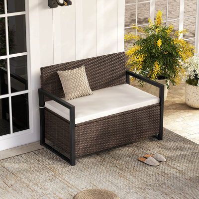 Patio Storage Bench Wicker Loveseat with Built-in Storage & Long Seat Cushion Brown