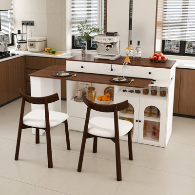 Ensemble de table en bois 3 pièces, table extensible et rotative avec tiroirs, armoire à porte en verre et 2 chaises en bois