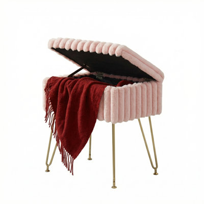 Tabouret de coiffeuse en fausse fourrure avec rangement et pieds en métal