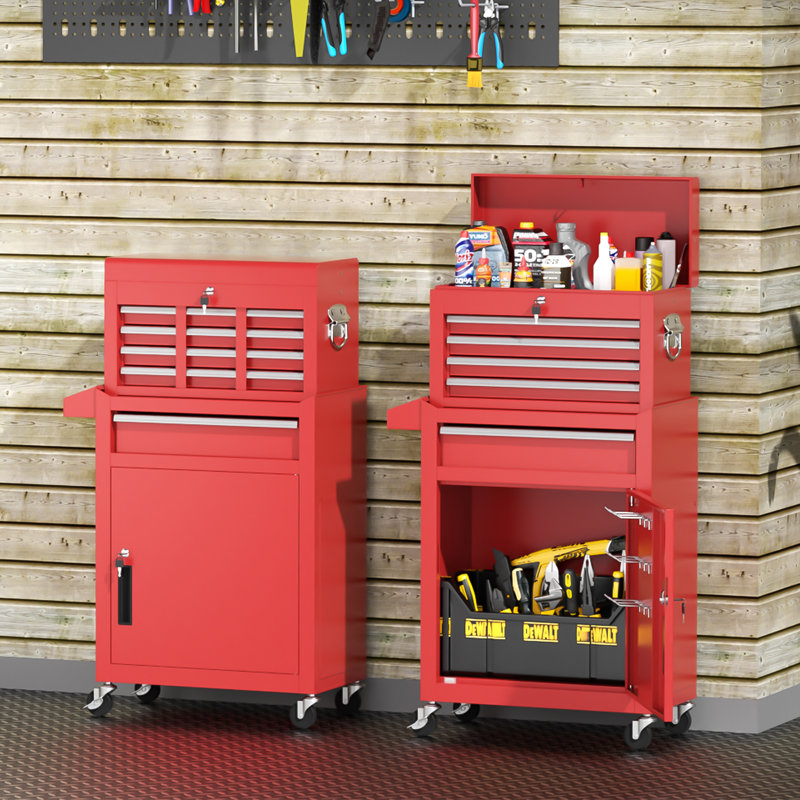 Coffre à outils 5 tiroirs à roulettes, armoire à outils amovible en métal 2-en-1 avec roues verrouillables, Rouge
