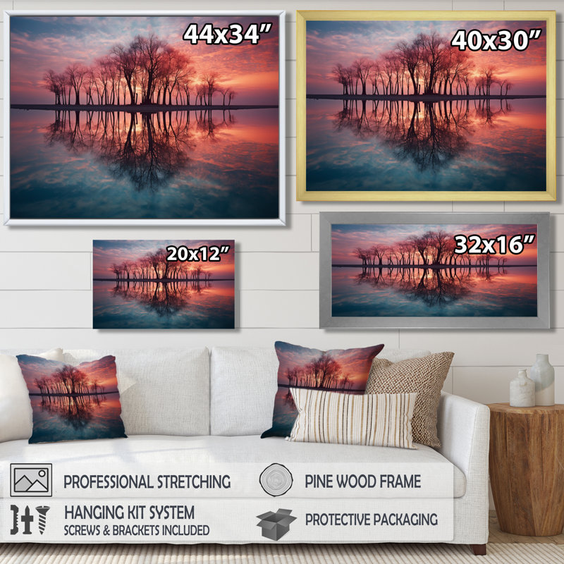 Arbre, silhouette, reflets, soirée, lac, coucher de soleil, art mural, H 30 po x l 40 po, Cadre flottant noir, bois massif