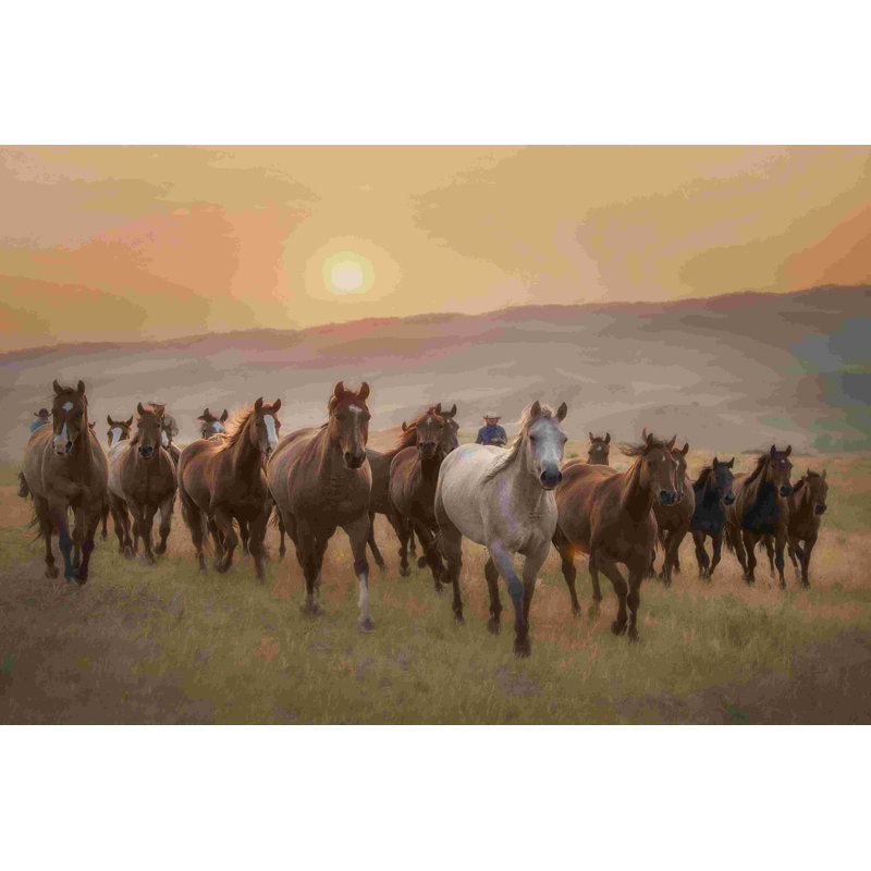 Chevaux en soleil II, H 8 po x l 12 po