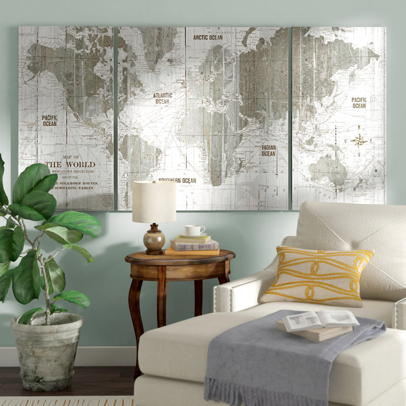 Clyatt Old World Map - 3 pièces, impression sur toile, H 40 po x l 80 po x P 1,5 po