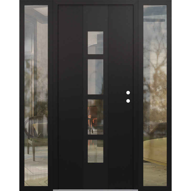 Porte d'entrée pré-suspendue à panneau en acier noir Diamond A10 avec deux panneaux latéraux, Droite / vers l'intérieur