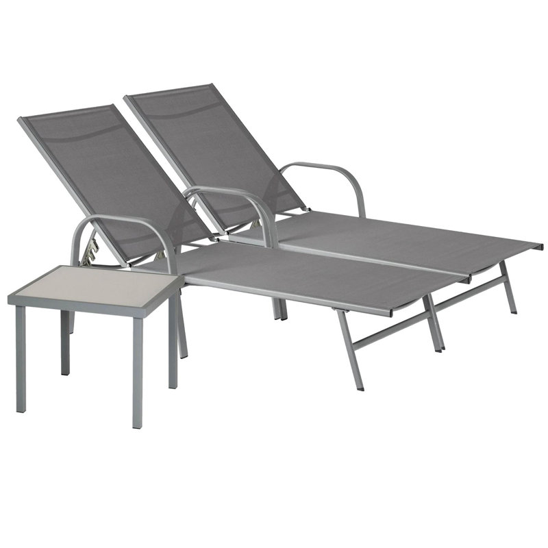 Sussex Sun Loungers and Table Set - 2 Garden Adjustable Loungers with 1 Side Table - Modern Design, Grey