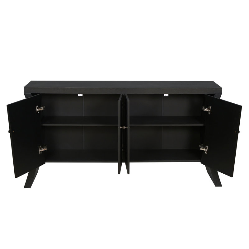 Crédence raffinée industrielle à 4 portes avec pieds arqués en bois et fermoirs en bronze - Design de rangement avancé, artisanat, noir