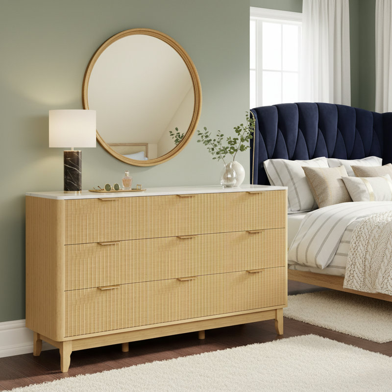 57'' Wide 9 - Drawer Double Dresser With Marble Top, Fluted Natural Oak,  32.3"H × 57.1"W × 15.8"D