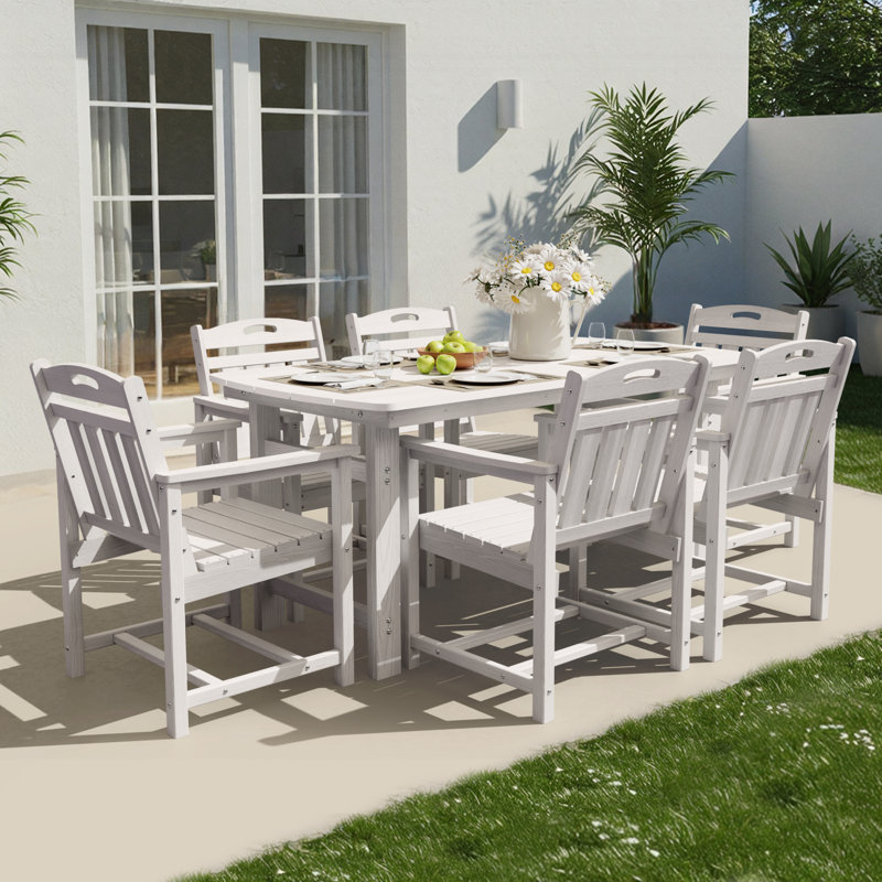 7-Piece 6-Person Rectangular Long Patio Dining Set With Umbrella Hole, White