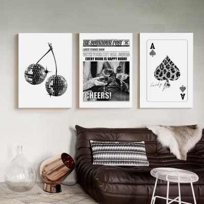 3 pièces encadrées 16 X 24 po à la mode noir et blanc Art mural Funky Bar Cart toile affiches de mode Girly Vintage Esthétique impression Ace Poker Card Decor boule disco photo pour salle de jeu Dorm Bar
