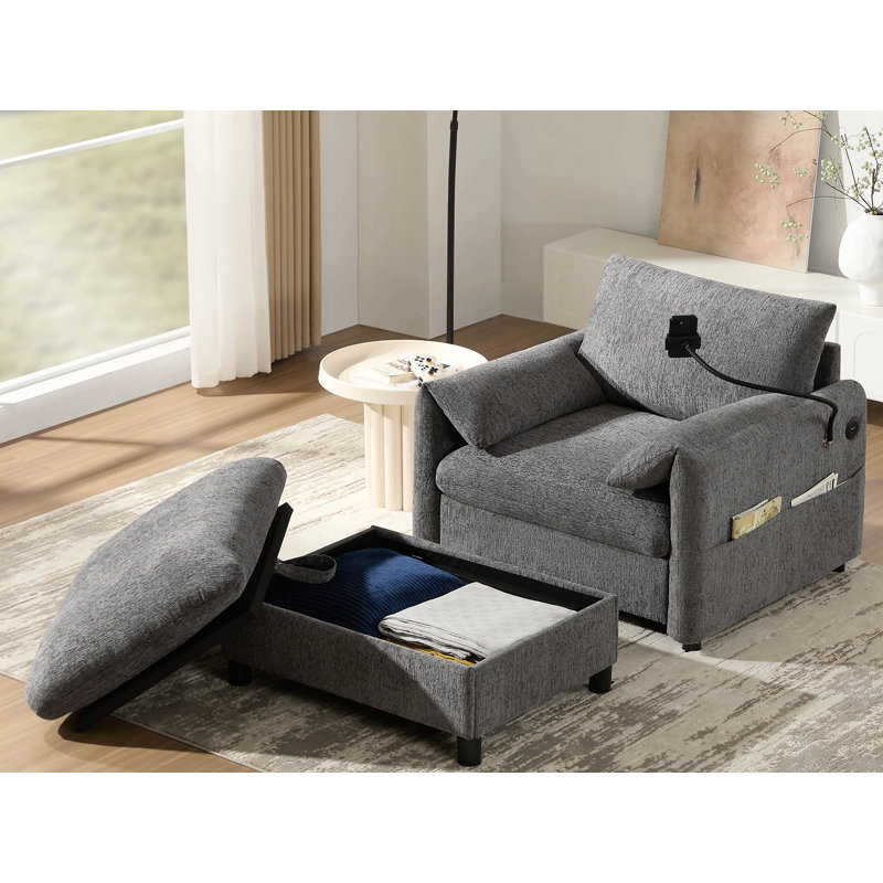 Canapé simple de 38 po avec repose-pieds de rangement, support de téléphone réglable, chargeur USB, poches de rangement latérales, accoudoirs en forme d'oreiller, chaise longue à siège large