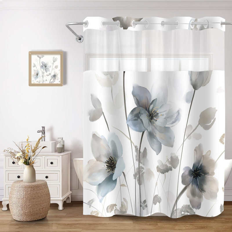 Ensemble de rideau de douche sans crochet 71 po x 74 po, motif floral bohémien gris avec doublure imperméable Snap-in