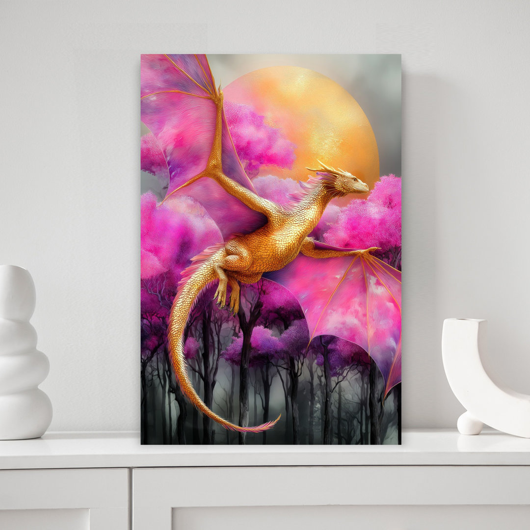 Enchanted Golden Dragon Ethereal Mystical Vibrant Forest Landscape Wall Art Print