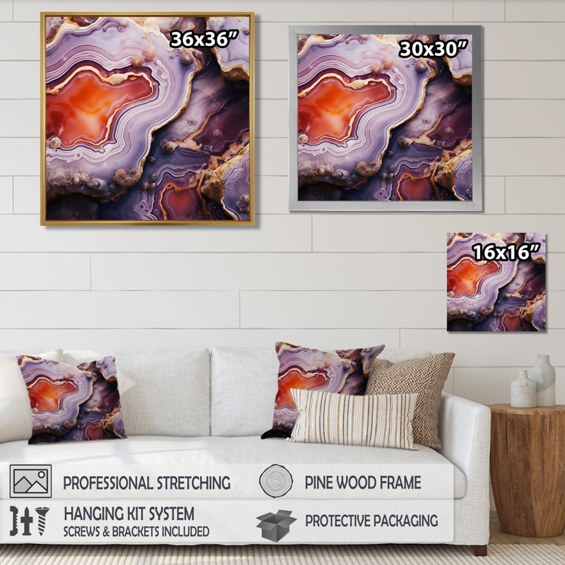 «Crimson Glam Agate Elegance I», art mural en marbre, Cadre flottant doré, H 36 po x l 36 po