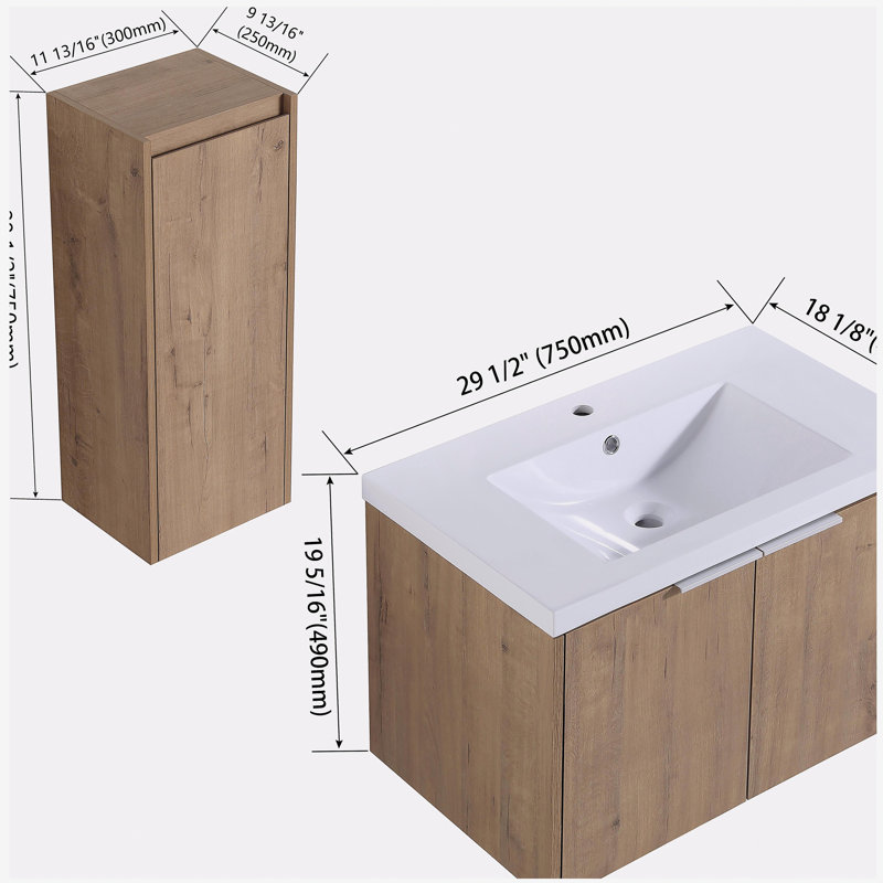 Meuble-lavabo mural 30 po avec lavabo et armoire latérale, portes, 30"