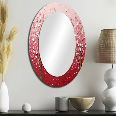 Blanc et rose avec charmantes fleurs printanières - Grand miroir mural ovale sur métal