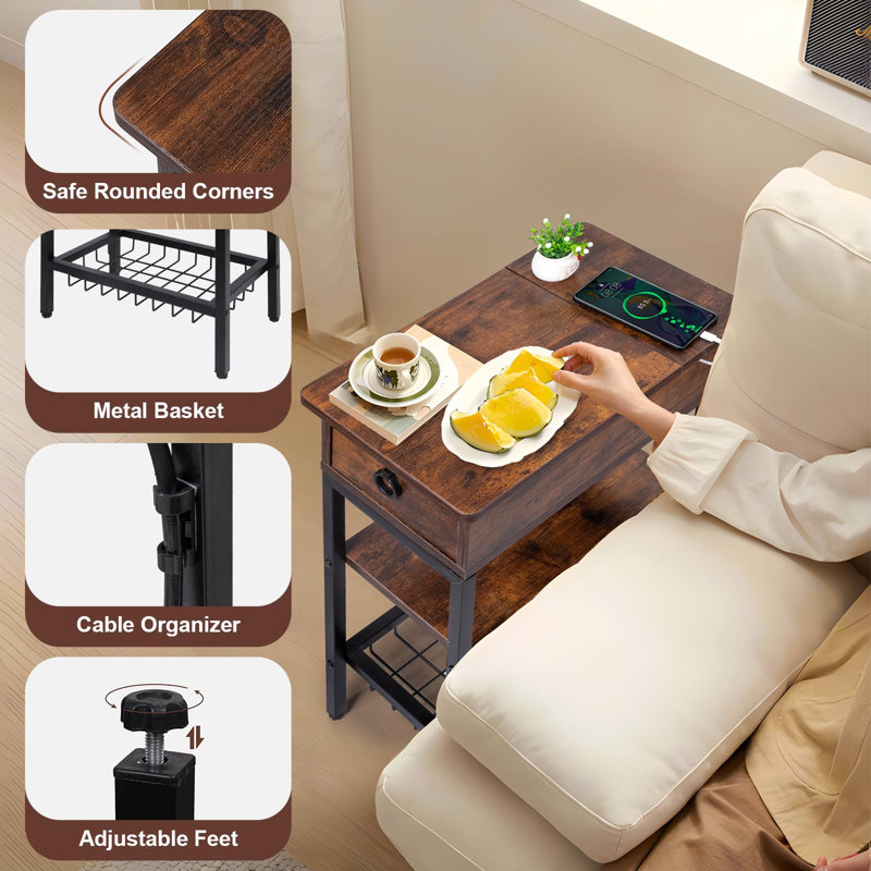 Rustic Slim Rectangular Wood Side Table with USB Ports and Outlets